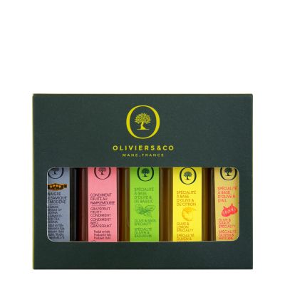 3 mini aromatics olive oils and 2 mini vinegars