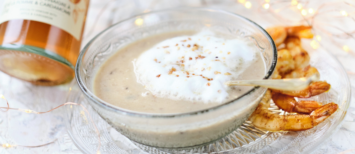 Chestnuts Cappuccino, Hazelnuts and Sautéed Shrimps