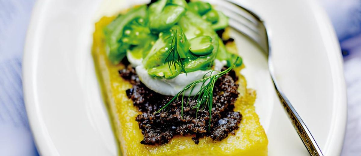 Crispy Polenta with Black Olives Tapenade & Mozzarella