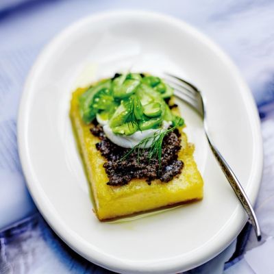 Crispy Polenta with Black Olives Tapenade & Mozzarella