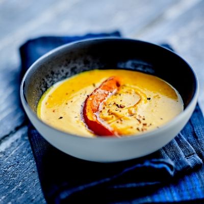 Roasted pumpkin soup, thyme oil