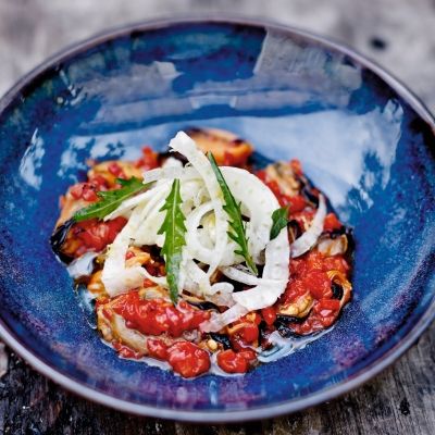 Large Mussels, Piquillo Peppers and Curry, Fennel Salad