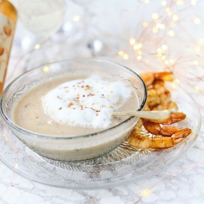 Chestnuts Cappuccino, Hazelnuts and Sautéed Shrimps