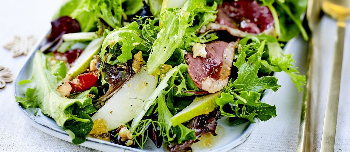 Pear, Crispy Smoked Duck Breast Fillet & Nuts Salad