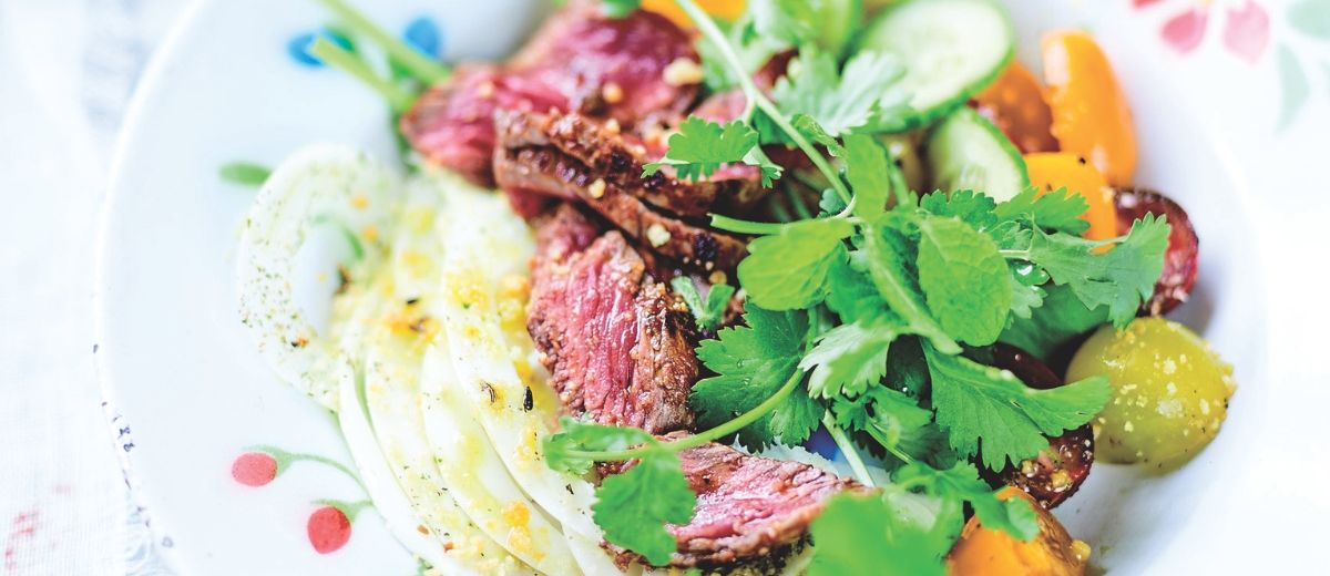 Marinated Flank Steak with Fresh Tomatoes & Raw Fennel