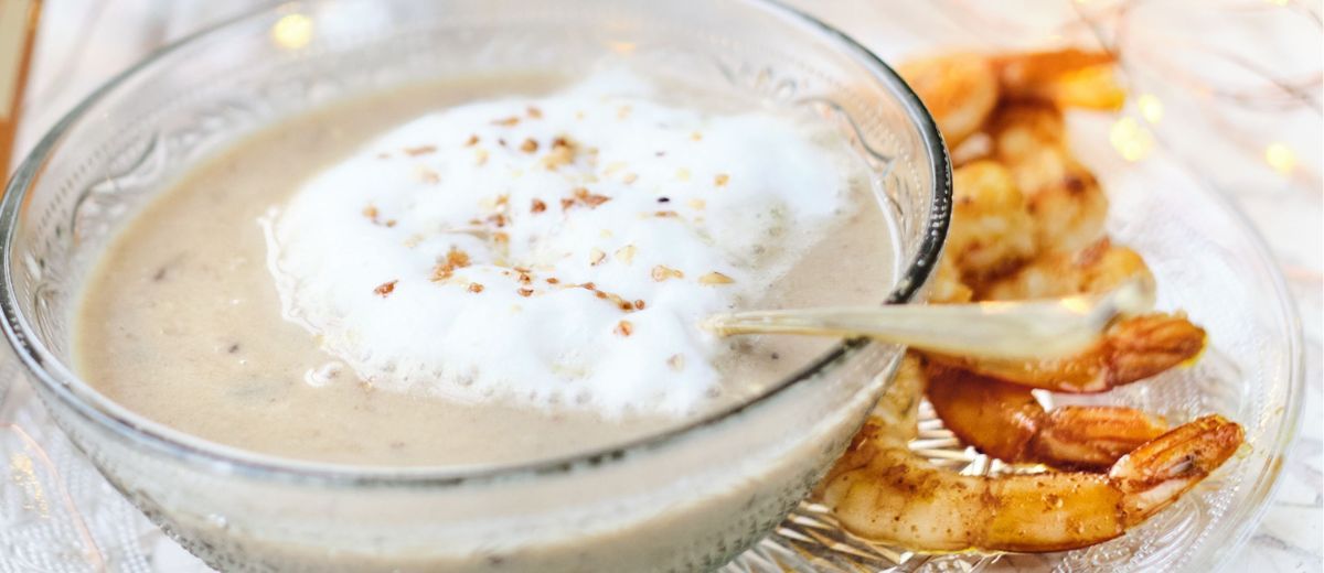 Chestnuts Cappuccino, Hazelnuts and Sautéed Shrimps