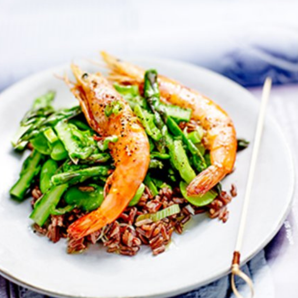 Shrimp Stir-fry with Asparagus & Sugar Snap Peas over Rice